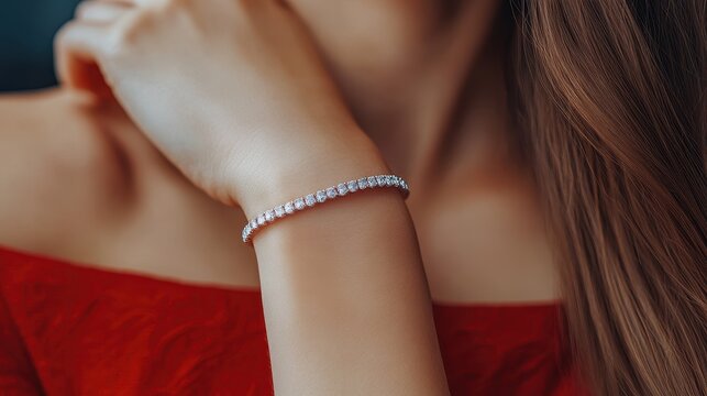 Woman's wrist adorned with a sparkling diamond tennis bracelet. Ideal for jewelry, fashion, and luxury lifestyle websites.