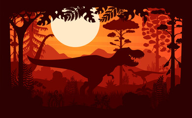 Prehistoric dinosaurs silhouettes in tropical jungle at sunset vector background. Jurassic tyrannosaurus rex, hypsilophodon and omeisaurus dinosaurs in frame of prehistoric tree and plant silhouettes © Vector Tradition