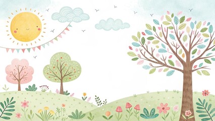 tree and sunny sky cute watercolor art illustration background