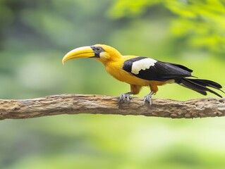 Fototapeta premium Vibrant Yellow-billed Bird Perched Gracefully on Branch, Close-up Photo in Lush Green Forest. AI Generated