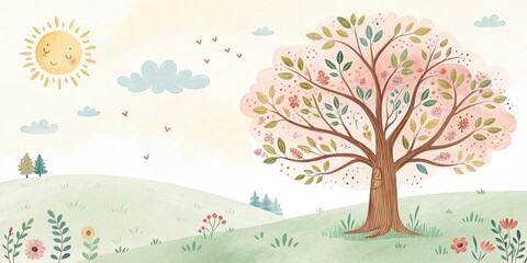 tree and sunny sky cute watercolor art illustration background