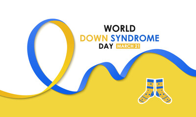 World down syndrome day is 21 march background design. Yellow and blue typography Vector illustration. Lots of Socks and Realistic ribbon banner, cards, prints, social media, poster design .eps 10. © uazzal