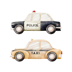 Watercolor Vector with Police Car and Taxi Car Vintage style on White Background design 006 © titaporn