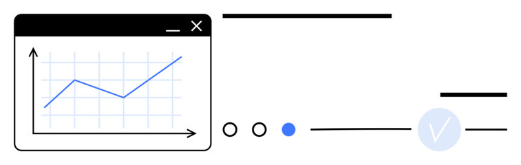 Business growth chart with upward trend shown on digital window. Progress indicated by blue dot and checkmark. Ideal for business analytics, technology, financial reports, presentations, marketing