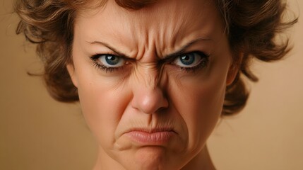 A woman showing deep concern, eyebrows furrowed and mouth tight, against a plain light brown background