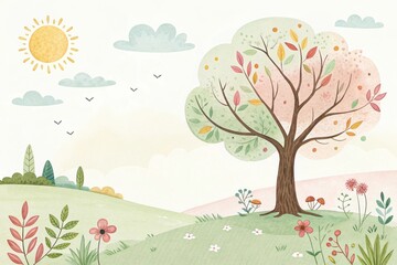 Fototapeta premium tree and sunny sky cute watercolor art illustration background