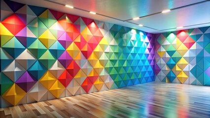 Modern interior design featuring a vibrant, colorful geometric wall