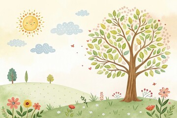 Fototapeta premium tree and sunny sky cute watercolor art illustration background