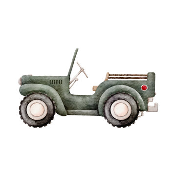 Watercolor Vector with Side view Jeep Car Green Color Vintage style on White Background design