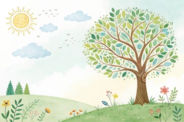 Fototapeta premium tree and sunny sky cute watercolor art illustration background
