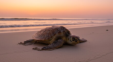 Sea Turtle on Beach at Sunrise Ocean Wildlife