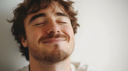Fototapeta premium A man with a smile of contentment, eyes slightly closed, against a soft white backdrop
