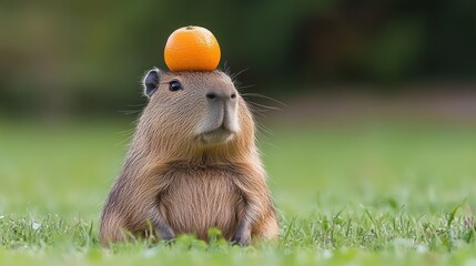 A charming capybara with a playful expression, sitting calmly in lush green grass. An orange fruit rests balanced on its head, adding a whimsical touch