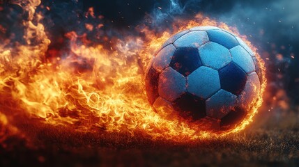 Fototapeta premium Fiery soccer ball rolling on field.