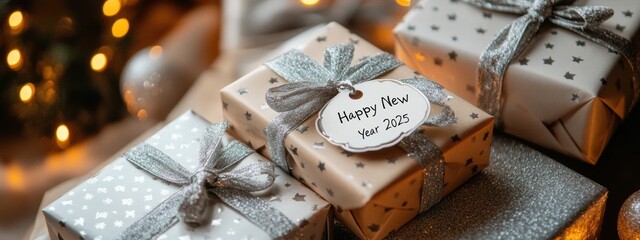 Festive New Year 2025 Gifts Presents Celebration Holiday Wrapped Silver Ribbons Stars Winter