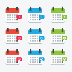 Calendar deadline notice or event reminder set notification icon, flat of calendar with alert for scheduling, event planning, important day, agenda symbol note, and notice