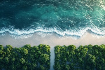 Aerial View Tropical Beach Ocean Waves Lush Green Forest Path