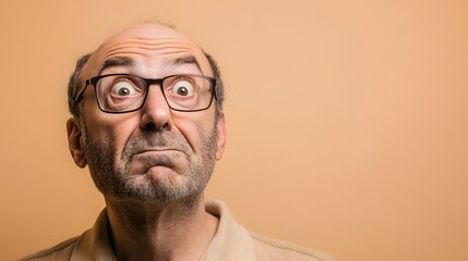 A man with a look of confusion, furrowed brow, eyes darting back and forth, against a light tan backdrop