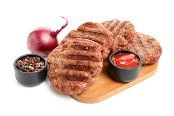 Tray with tasty meat cutlets isolated on white background
