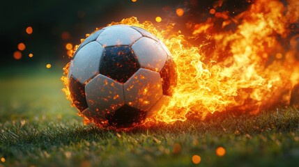 Fototapeta premium Fiery soccer ball rolling on grass. (1)