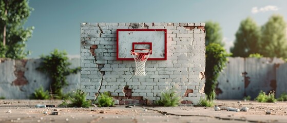 Abandoned Urban Basketball Court Surrounded by Overgrown Vegetation and Crumbling Walls in Bright Natural Light
