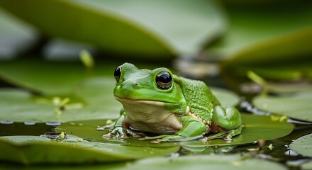 Obraz premium Green Tree Frog on Lily Pad Nature Wildlife Amphibian