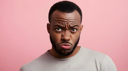 Obraz premium A man with a concerned look, eyebrows furrowed and mouth slightly open, standing against a soft pink backdrop