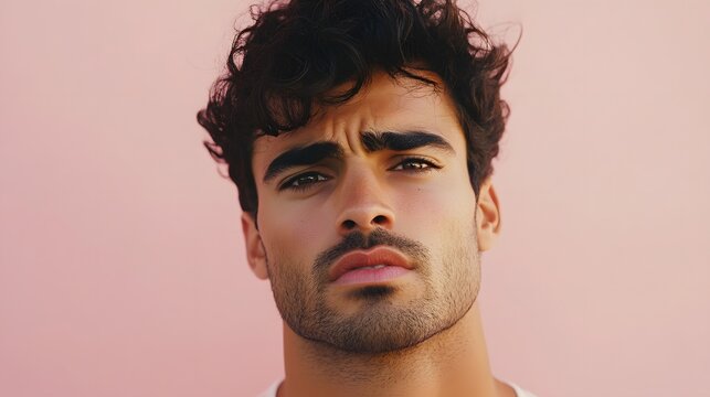 A man with a concerned look, eyebrows furrowed and mouth slightly open, standing against a soft pink backdrop