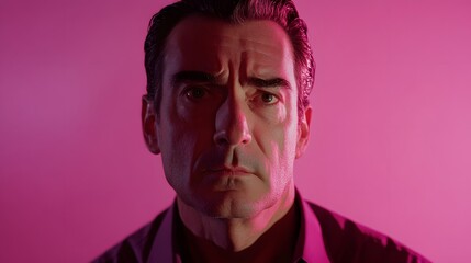 A man with a concerned look, eyebrows furrowed and mouth slightly open, standing against a soft pink backdrop