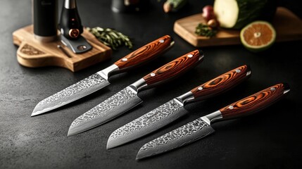 Four Damascus steel kitchen knives with elegant wood handles. Perfect for showcasing culinary tools or high-end kitchenware.