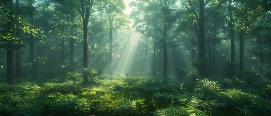 Fototapeta premium Ethereal Sunlight Filtering Through Dense Forest Canopy Surrounded by Lush Green Foliage and Ferns