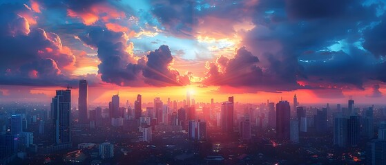 Fototapeta premium Breathtaking Sunset Over City Skyline with Dramatic Clouds and Vibrant Colors