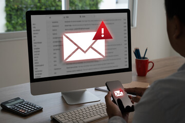 men using smartphones warning alert, email hack SMS spam, fake text message phishing