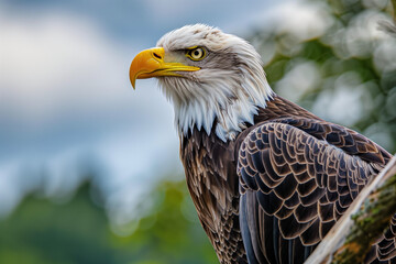 Shot of a majestic bald eagle perched on a branch against a cloudy sky