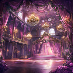 Fototapeta premium Opulent Ballroom with Lavish Purple Drapes and Glittering Chandeliers
