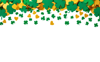 Vibrant green shamrock and golden hearts arranged on transparent background for St. Patrick's Day celebrations.