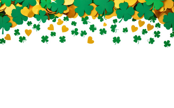 Vibrant green shamrock and golden hearts arranged on transparent background for St. Patrick's Day celebrations.