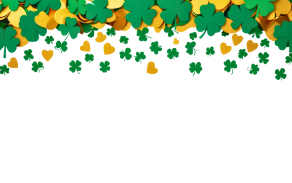 Vibrant green shamrock and golden hearts arranged on transparent background for St. Patrick's Day celebrations.