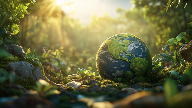 3d globe on green Moss in forest Environment, save the world, conservative concept
