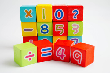Number wood block cubes for learning Mathematic, education math.