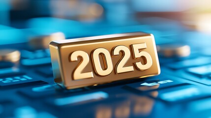 Radiant golden 2025 text centered in a glowing blue backdrop representing the upcoming year deadline finance business and future oriented concepts