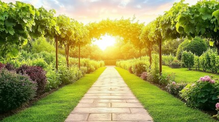 Obraz premium Sunlit Garden Path with Archway and Lush Greenery