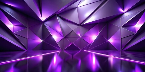 Obraz premium Abstract Purple Geometric Wall with Reflective Floor and Neon Lighting