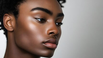 Naklejka premium A person with an introspective look, eyes focused down and lips pursed, set against a neutral gray background