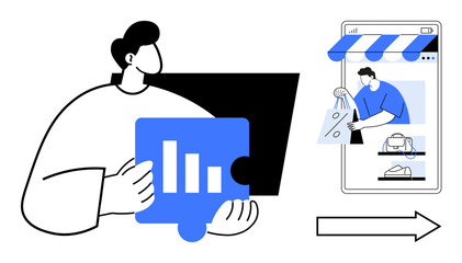 Person holding blue puzzle piece with bar chart near another person shopping on a mobile device. Ideal for business, e-commerce, digital marketing, analytics, online shopping, strategy planning