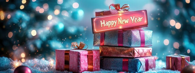 Festive New Year Gifts Stack Sparkling Holiday Presents Winter Wonderland