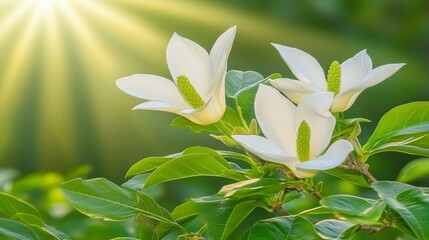Obraz premium Sunlit Magnolia Blossoms in Vibrant Spring Garden