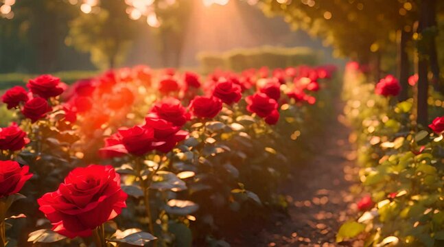 Roses with a bright red color in a beautiful plantation, glistening with morning dew, surrounded by lush green leaves