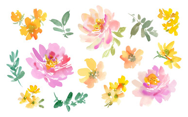 Watercolor Abstract Pink Peonies, Wildflowers, and Leaves Vector clipart Set. Abstract hand Painted Floral Background Illustrations. Vector files. © Sawango