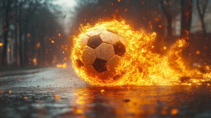 Fototapeta premium Fiery soccer ball rolling on wet asphalt.